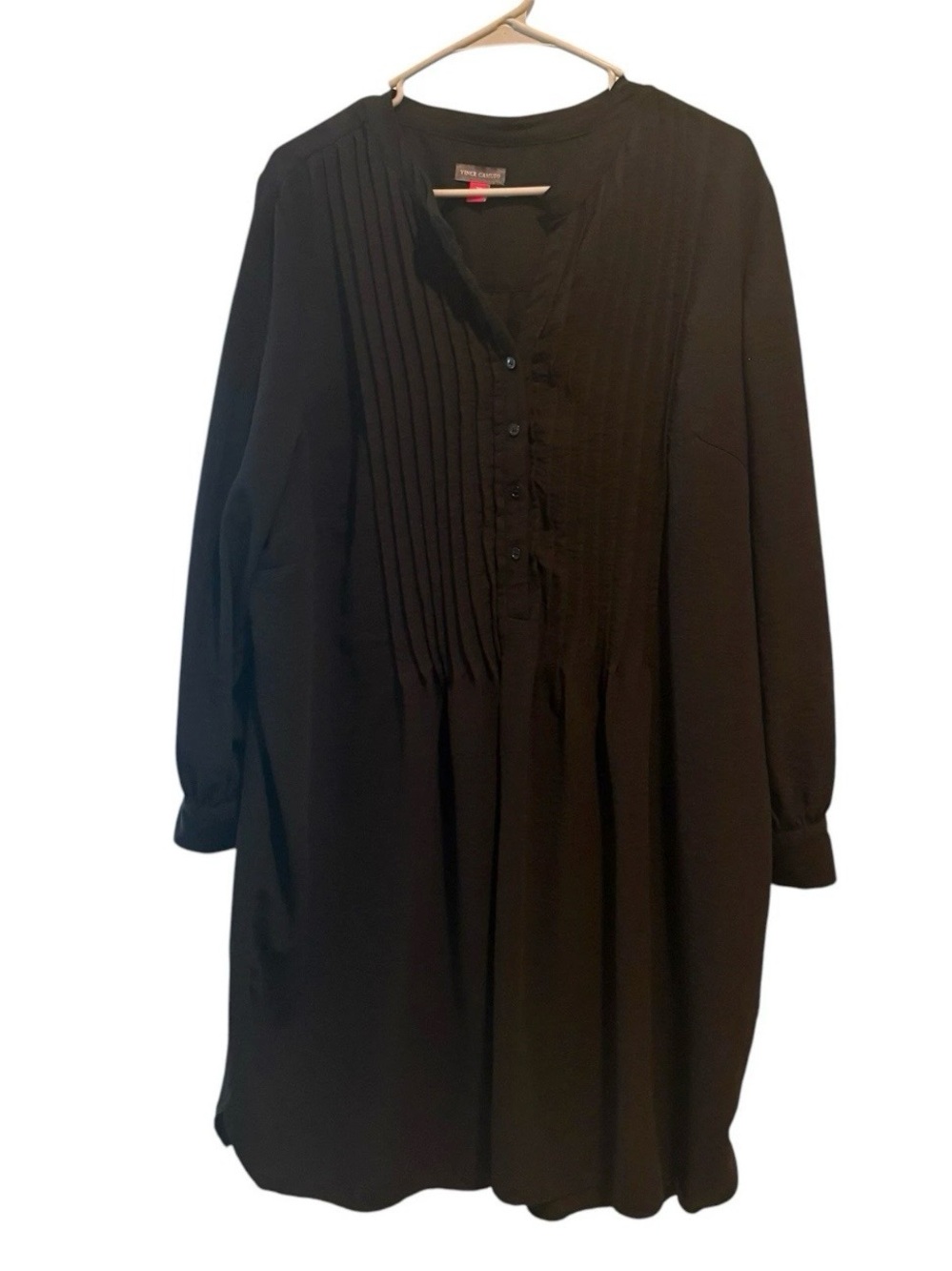 Vince Camuto Pin Tuck Popover Dress Black 2X Balloon Sleeves Button Front Half